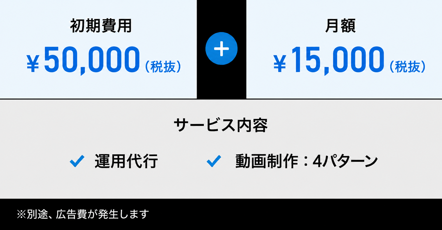 料金 初期費用¥50,000（税別） 月額¥15,000（税別） サービス内容：運用代行、動画制作4パターン ※別途、広告費が発生します